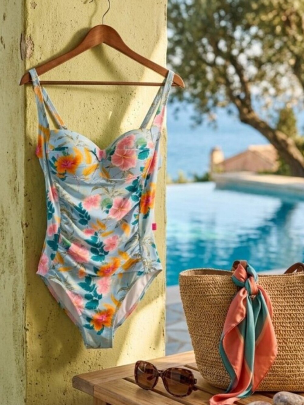 Betsey Johnson Baby Blue Floral Ruched One-Piece Swimsuit - Medium - New!